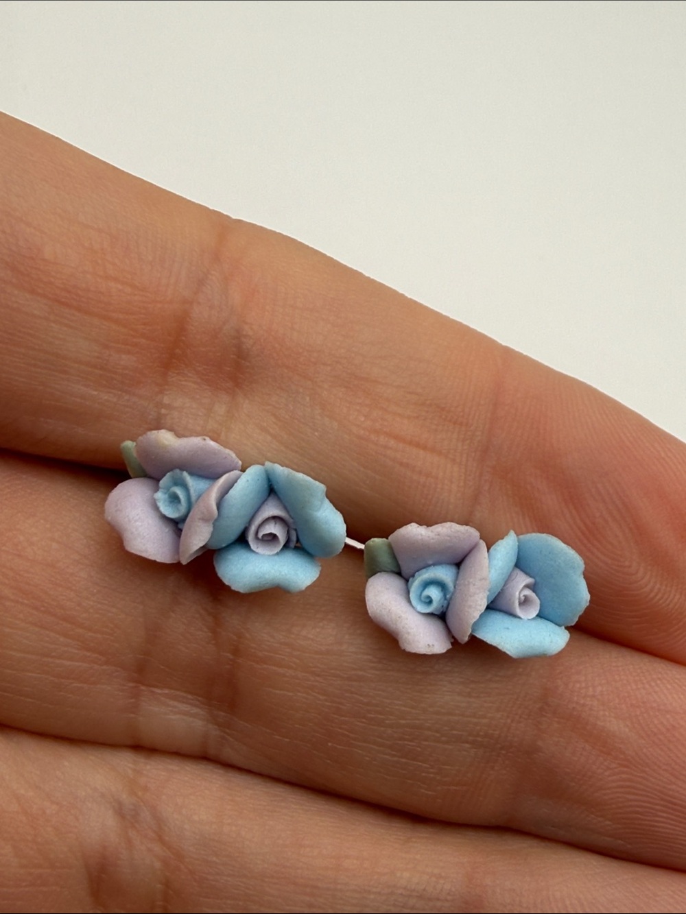 Vintage Purple Blue Rose Floral Flower Ceramic Stud Statement Earrings